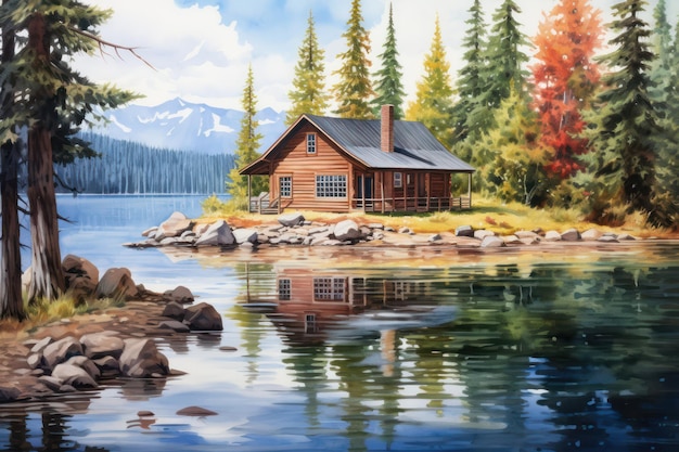 Photo maison en bois sur le lac dans la forêt rendu 3d peinture numérique