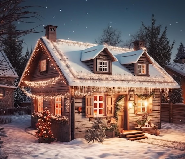 Une maison en bois avec des lumières de Noël sur le toit Generative AI