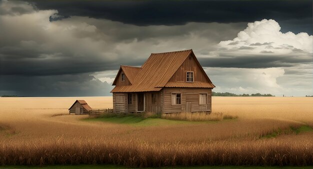 Maison en bois marron sur les terres agricoles sous un ciel nuageux généré ai