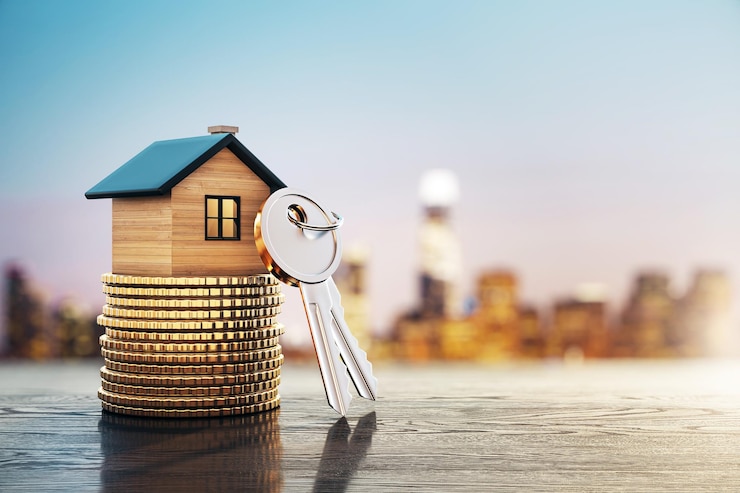 Photo maison en bois miniature sur des piles de pièces avec des clés contre un horizon flou de la ville concept d'investissement immobilier rendering 3d