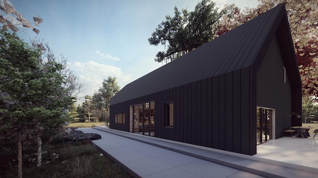 Maison en bois noire dans l'illustration 3d de l'architecture de construction d'été