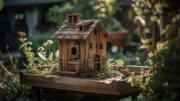 Une maison en bois se trouve sur une petite plate-forme dans un jardin.