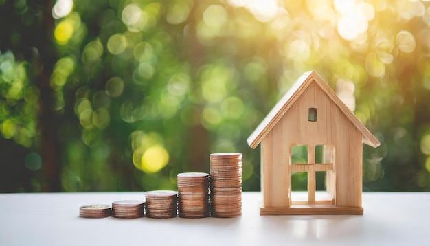 Une maison en bois sur une table blanche avec un rétroéclairage brillant symbolise l'imposition de l'investissement immobilier.