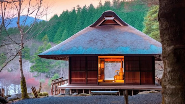 Une maison en bois avec un toit marron et un toit marron.