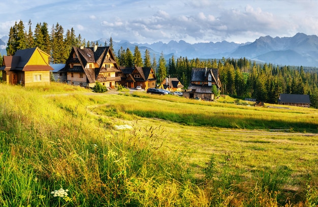 Maison en bois traditionnelle dans les montagnes sur un champ vert Montagnes, Pologne