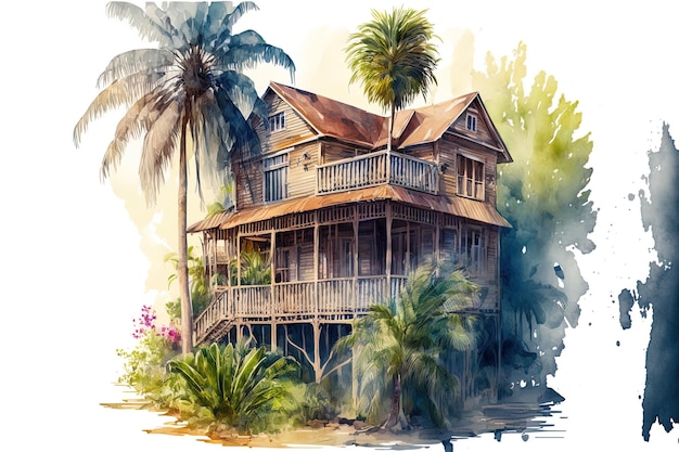 Maison de bord de mer en bois à l'aquarelle avec balcon et palmiers