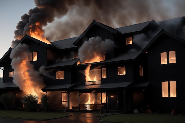 Une maison brûle la nuit avec de la fumée sortant des fenêtres.