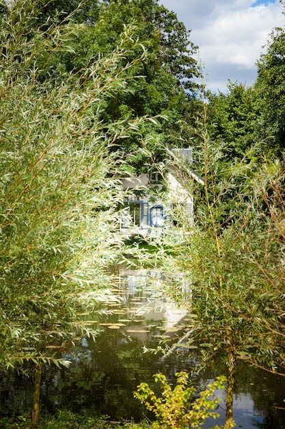 Maison cachée dans la végétation des arbres et des fleurs au bord d'un canal en été.