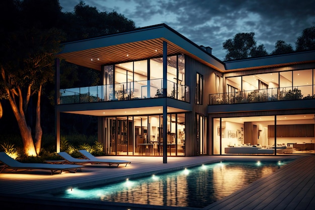 Maison de campagne aux murs de verre avec maison extérieure contemporaine et grande piscine