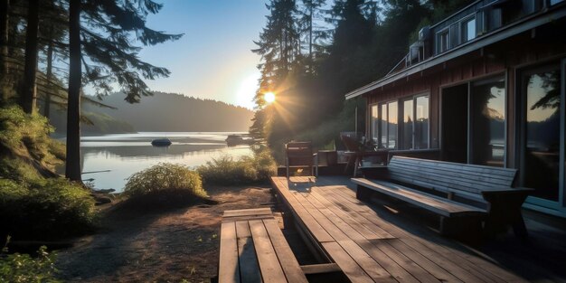 Maison de campagne en bois au bord de la rivière au coucher du soleil Generative AI