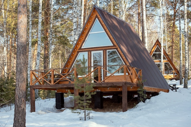 Maison de campagne contemporaine debout dans la neige dans la forêt devant la caméra sur fond d'autre résidence parmi les pins et les bouleaux