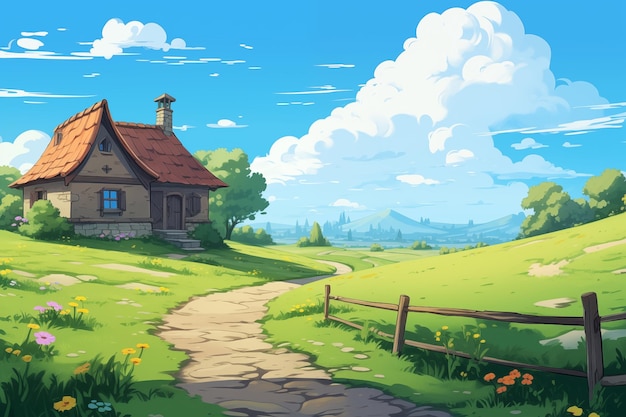 Une maison à la campagne à côté d'un grand arbre dans le style des dessins animés.