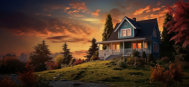 maison de campagne dans la prairie au coucher du soleil