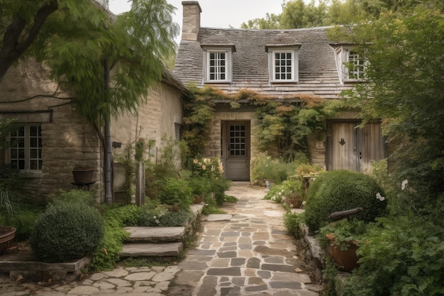 Maison de campagne française rustique avec jardin aux volets en bois et allée en pierre créée avec l'IA générative