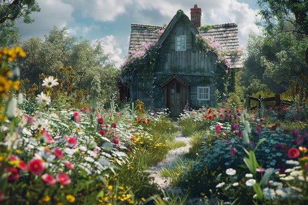 Une maison de campagne paisible entourée de fleurs.