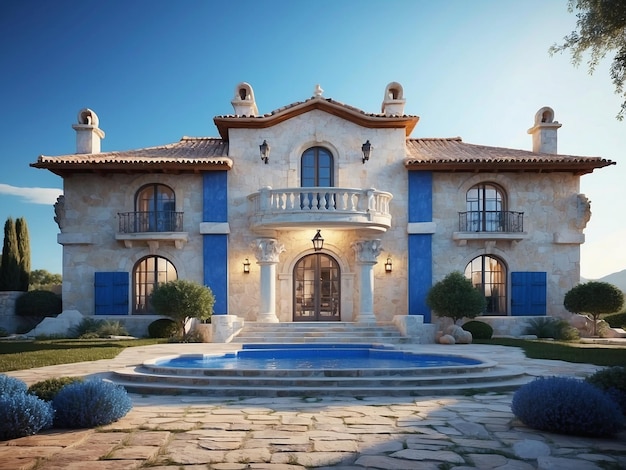 Maison de campagne de style espagnol en pierre avec une décoration blanche et bleue 3
