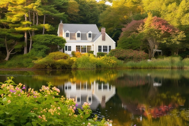 Maison Cape Cod entourée d'une végétation luxuriante au bord d'un lac tranquille