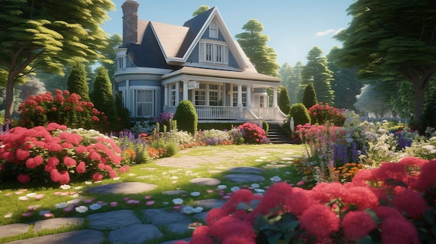 Une maison de Cape Cod avec une pelouse bien entretenue et des parterres de fleurs