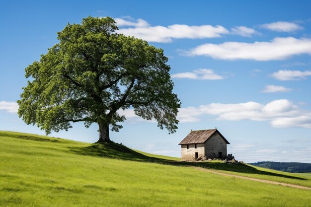 Maison sur un champ herbeux contre les arbres