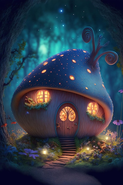 Maison champignon assise au milieu d'une forêt générative ai