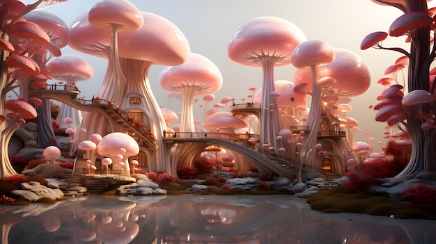 Maison champignon barbie rose sur une planète rose avec une forêt rose dans le style du monde futuriste