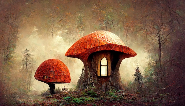 Maison champignon en forêt