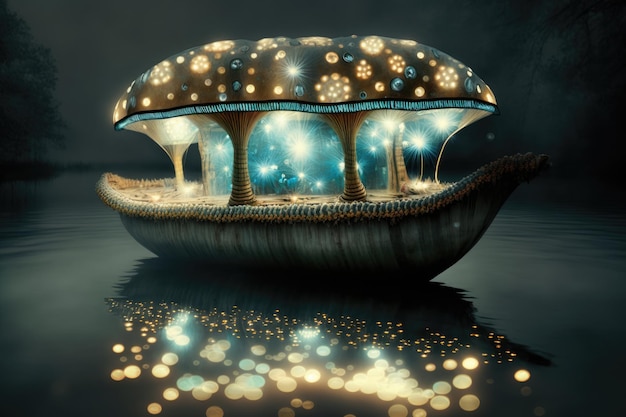 Une maison champignon avec des lumières au fond