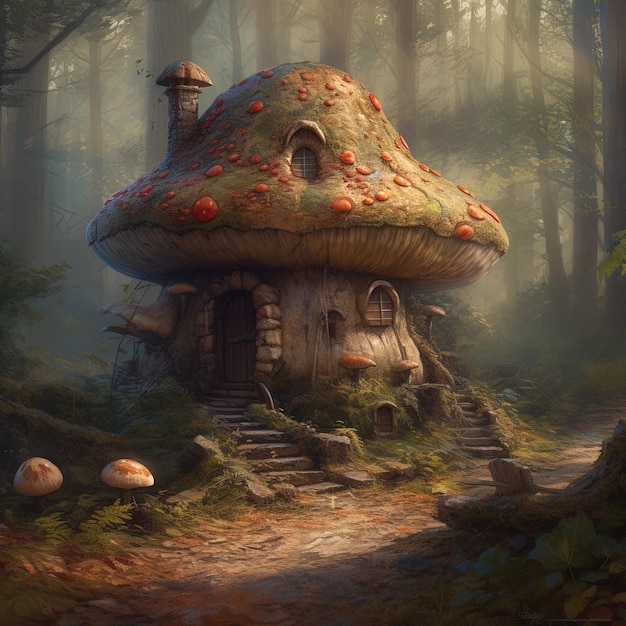 une maison de champignons avec un champignon sur le toit