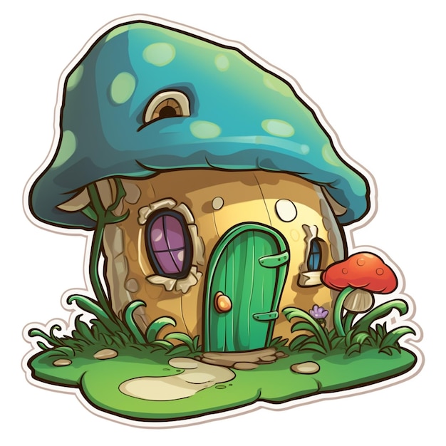 maison de champignons de dessin animé avec un toit bleu et une porte verte