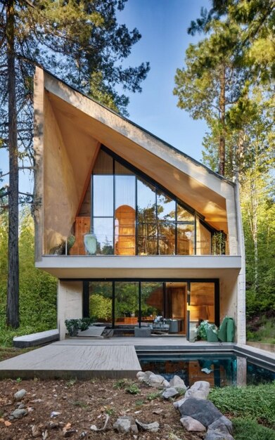 Maison à charpente en bois avec des guirlandes, vue extérieure du bâtiment à travers les arbres