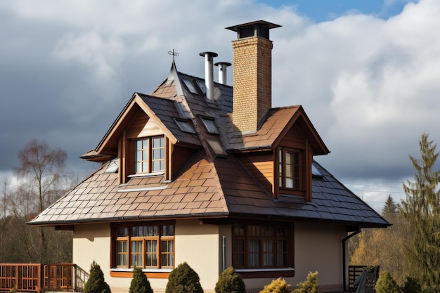 Une maison avec une cheminée sur le toit