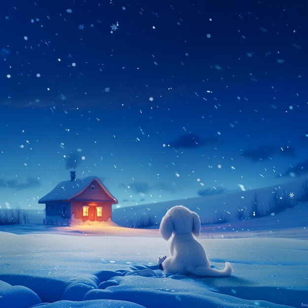 une maison avec un chien dans la neige avec une maison en arrière-plan