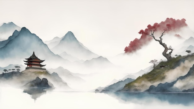 Maison chinoise traditionnelle paysage de colline paysage aquarelle peinture papier peint fond oriental