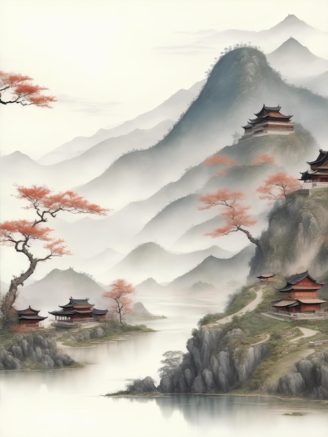 Maison chinoise traditionnelle paysage de colline paysage aquarelle peinture papier peint fond oriental