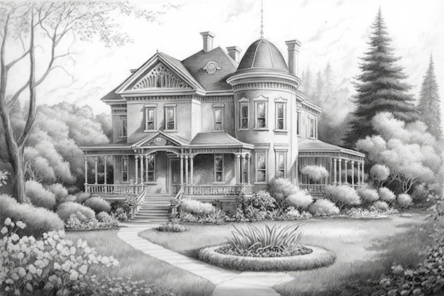 Maison classique entourée de jardins luxuriants représentés au crayon