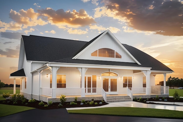 Maison de club communautaire de nouvelle construction avec un toit à pignon en porche couvert blanc avec une fenêtre en demi-cercle et un ciel au coucher du soleil spectaculaire