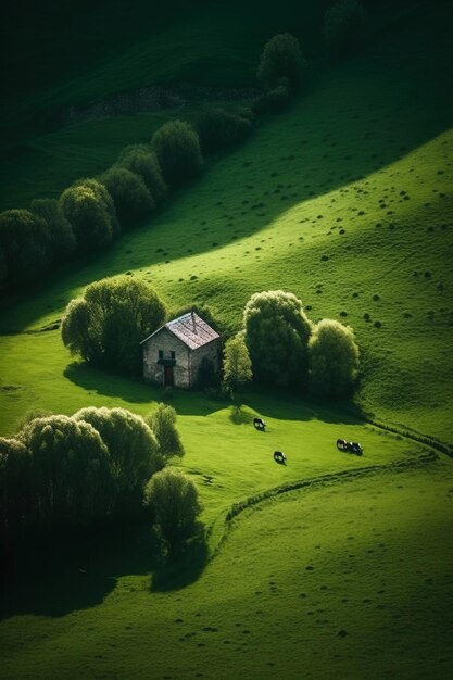 Photo une maison sur une colline avec un champ vert et des arbres