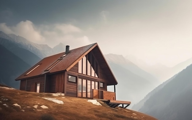 Une maison sur une colline avec une montagne en arrière-plan