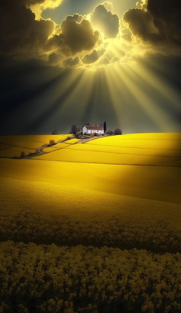 Une maison sur une colline avec le soleil qui brille dessus