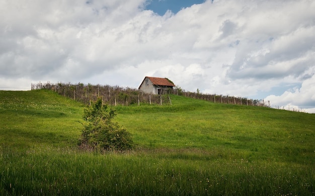 Une maison sur une colline avec un toit rouge