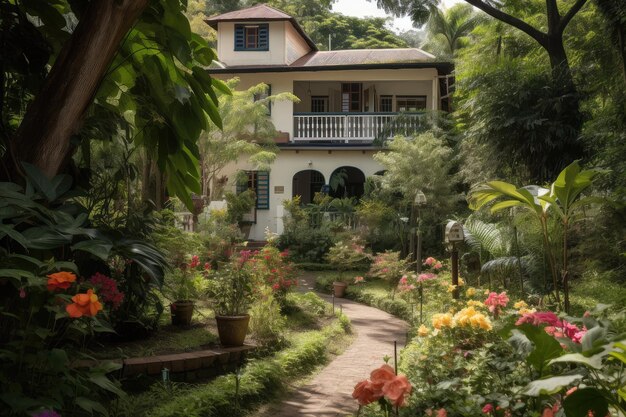 Maison coloniale entourée d'un jardin luxuriant avec des fleurs et de la verdure éclatantes