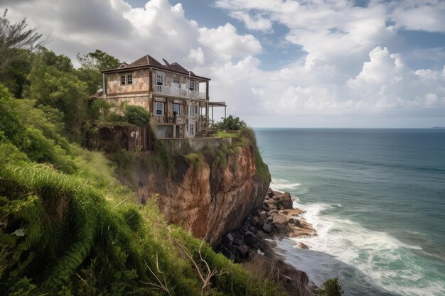 Maison coloniale perchée au bord d'une falaise avec vue sur l'océan en arrière-plan