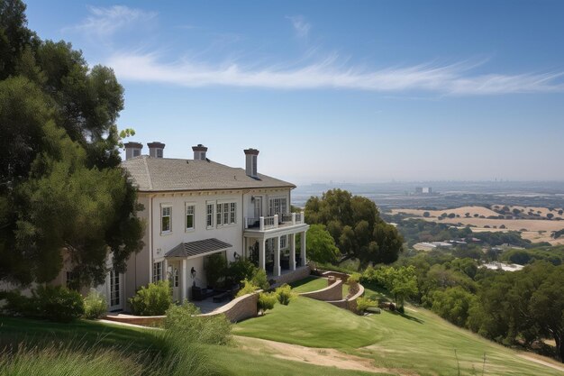 Maison coloniale avec vue sur les collines et le ciel bleu