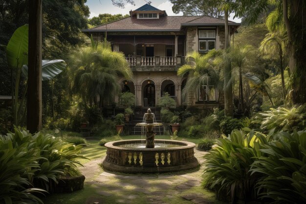 Maison coloniale avec vue sur des jardins luxuriants et des pièces d'eau contre un ciel ensoleillé