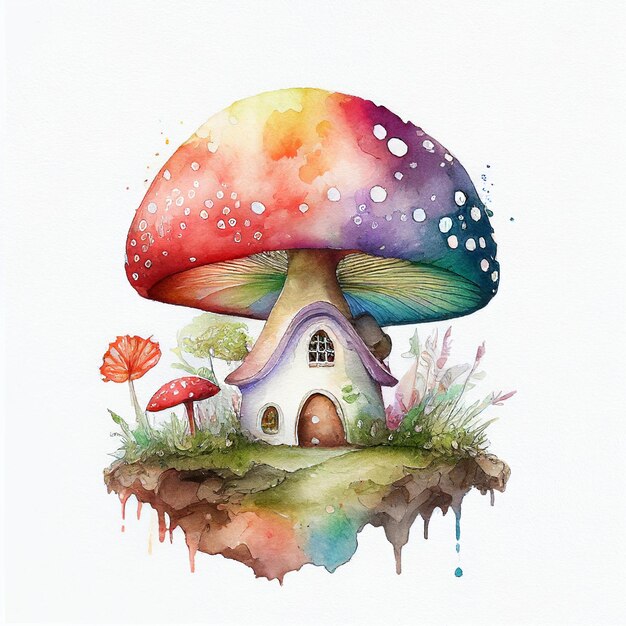 Une maison colorée avec un champignon dessus