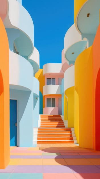 une maison colorée avec un escalier peint en couleurs vives.