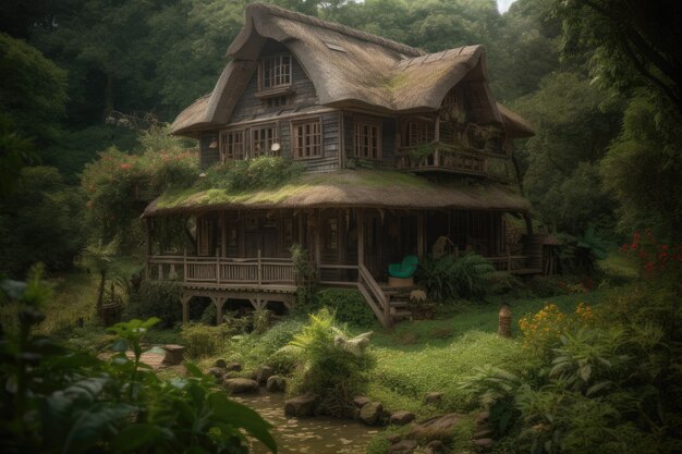 Maison confortable dans une forêt luxuriante IA générative