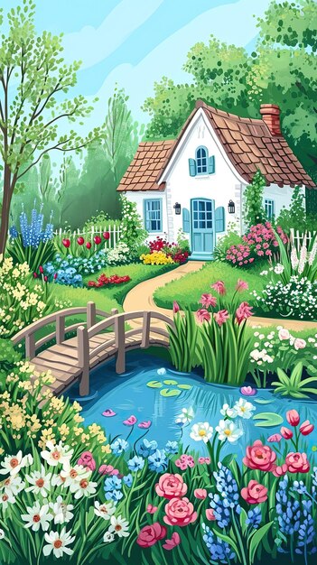 Maison confortable avec un jardin en fleurs Concept de la chaleur de la maison et de la beauté de la nature Format vertical