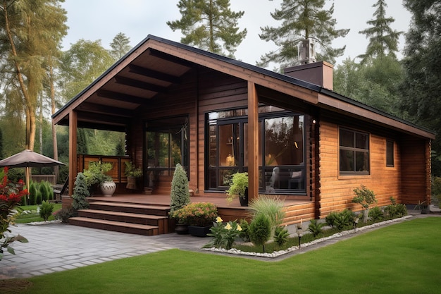 une maison confortable moderne en bois dans la forêt