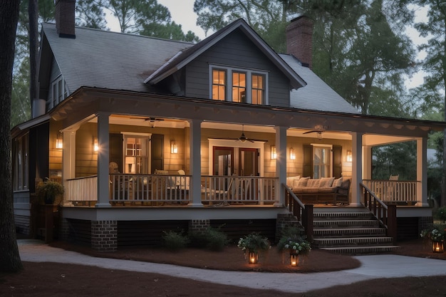 Maison confortable avec porche enveloppant et lanternes pour un extérieur chaleureux et accueillant